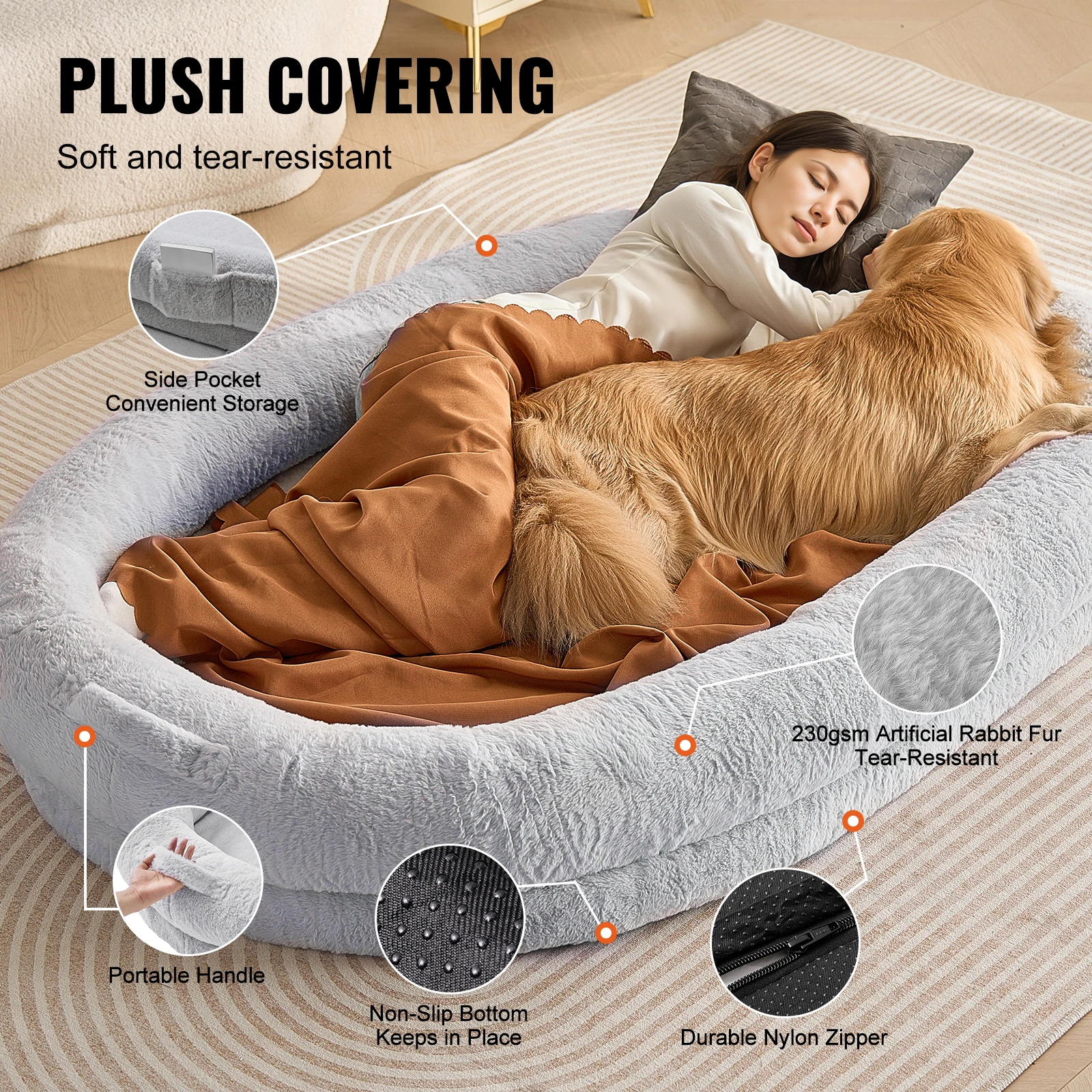 SucceBuy Human Dog Bed Human Dog Bed for Adult Human Size Dog Bed with Washable Faux Rabbit Fur Cover Egg Orthopedic Foam Grey - Image 3
