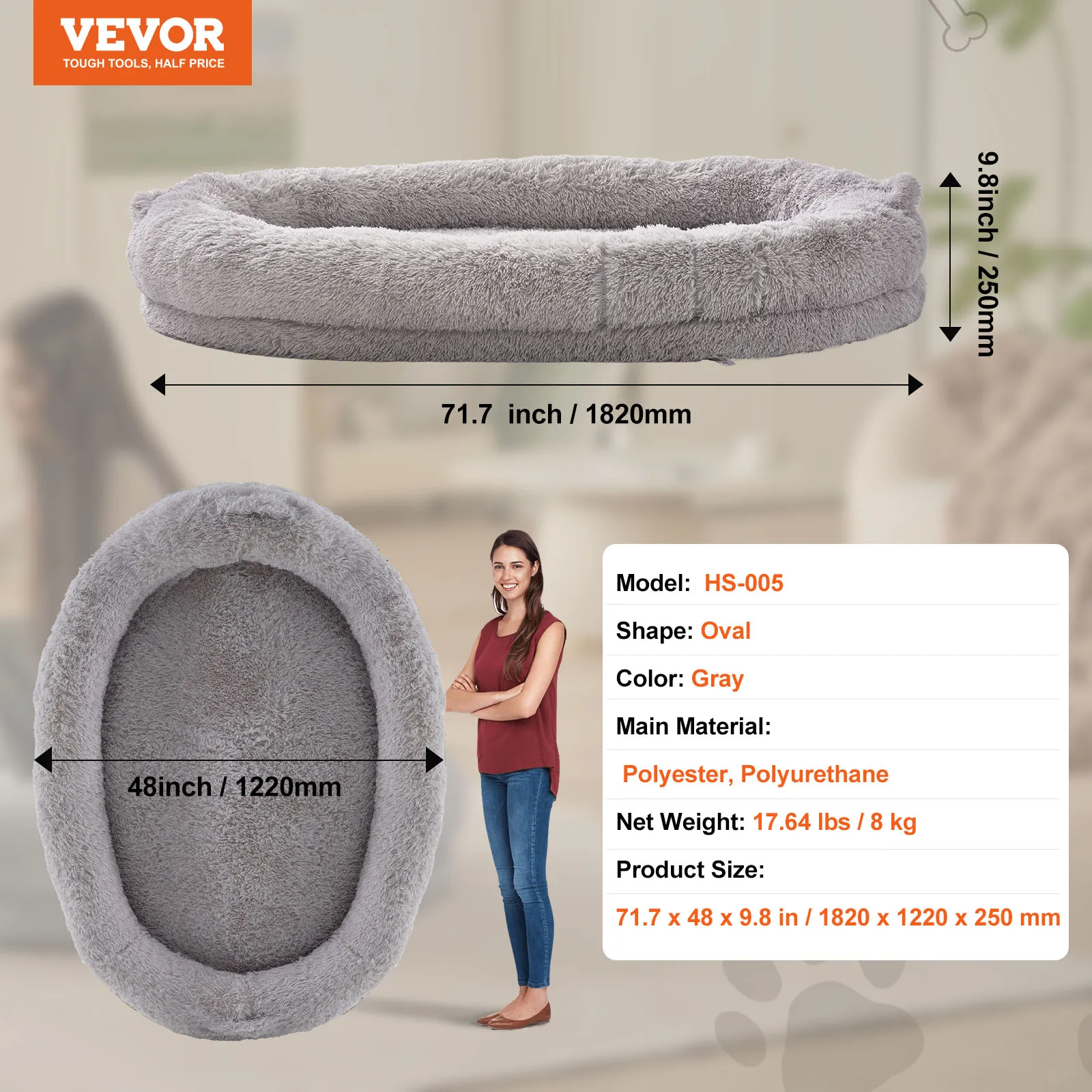 SucceBuy Human Dog Bed Human Dog Bed for Adult Human Size Dog Bed with Washable Faux Rabbit Fur Cover Egg Orthopedic Foam Grey - Image 8