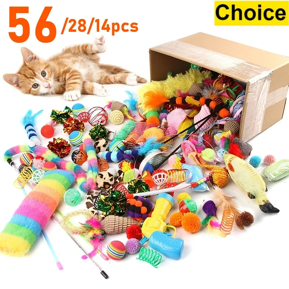 Cat Toys Mixed Pack. A Combination of Various Plastic Toys and Plush Toys Suitable for Multiple Cats To Play 56pcs/28pcs/14pcs