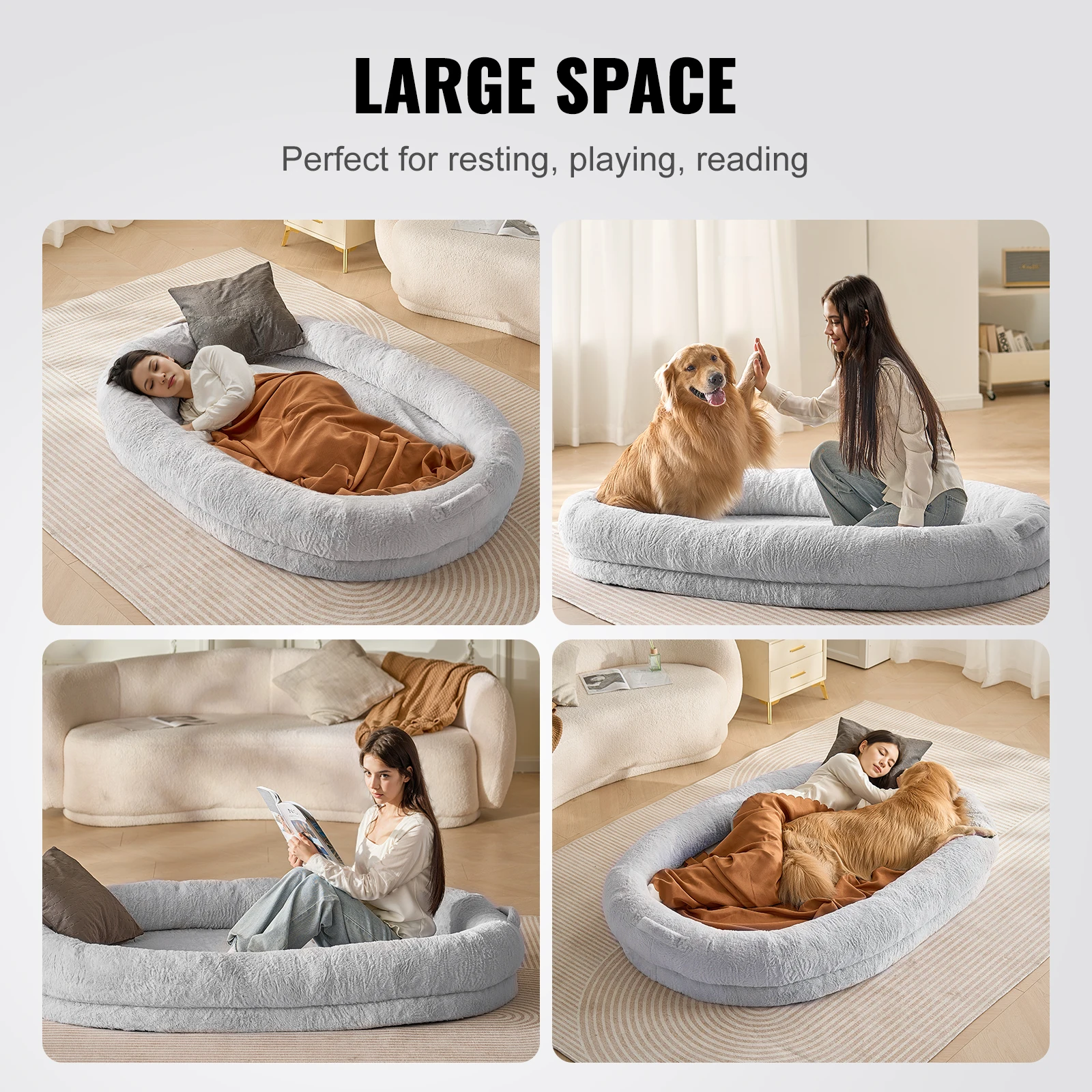 SucceBuy Human Dog Bed Human Dog Bed for Adult Human Size Dog Bed with Washable Faux Rabbit Fur Cover Egg Orthopedic Foam Grey - Image 6