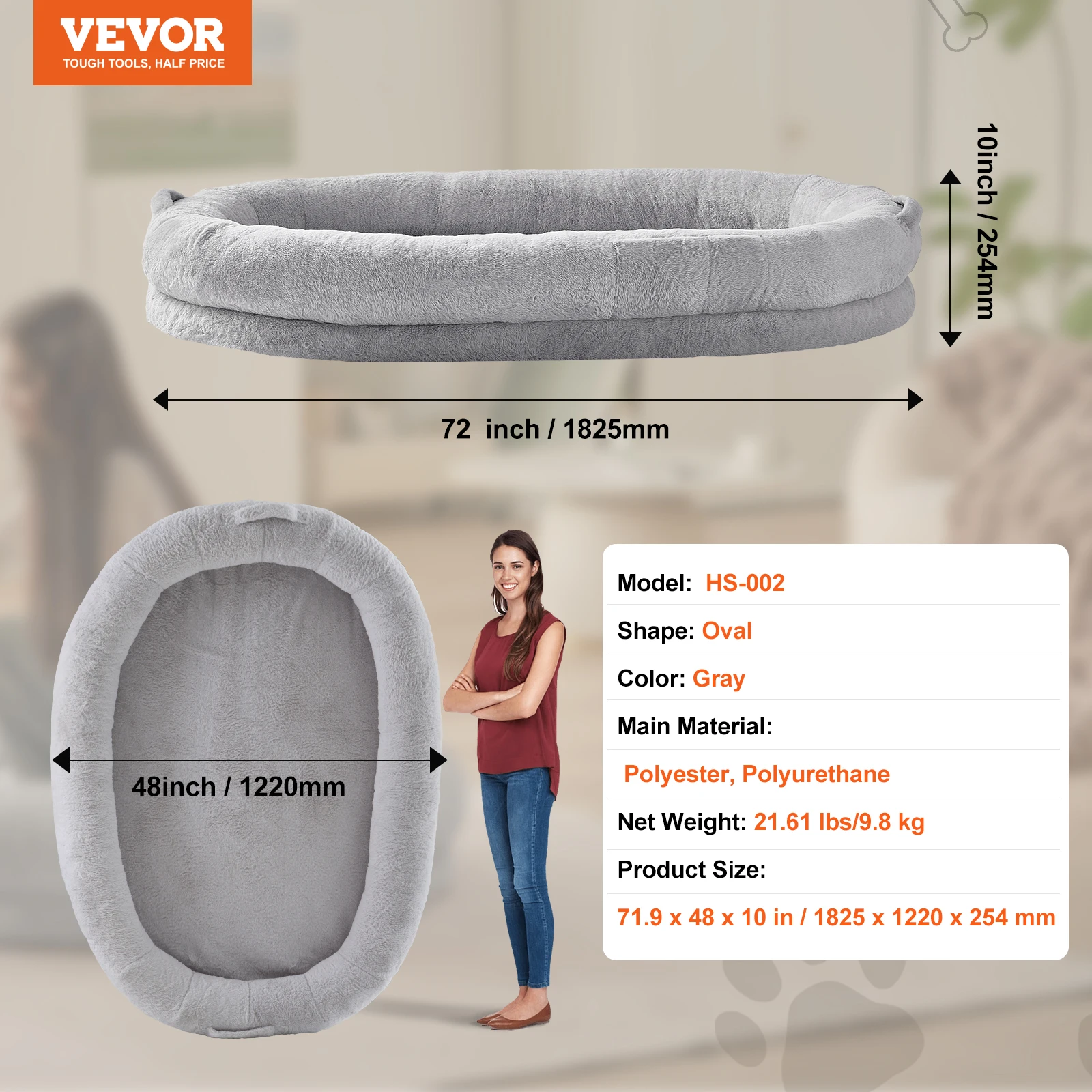 SucceBuy Human Dog Bed Human Dog Bed for Adult Human Size Dog Bed with Washable Faux Rabbit Fur Cover Egg Orthopedic Foam Grey - Image 7